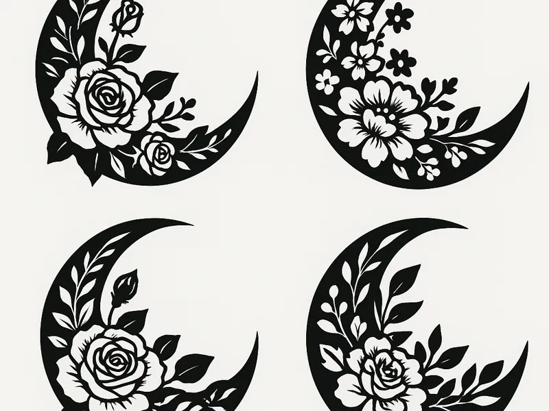 Floral Crescent Moon Wall Art Collection (Set of4)