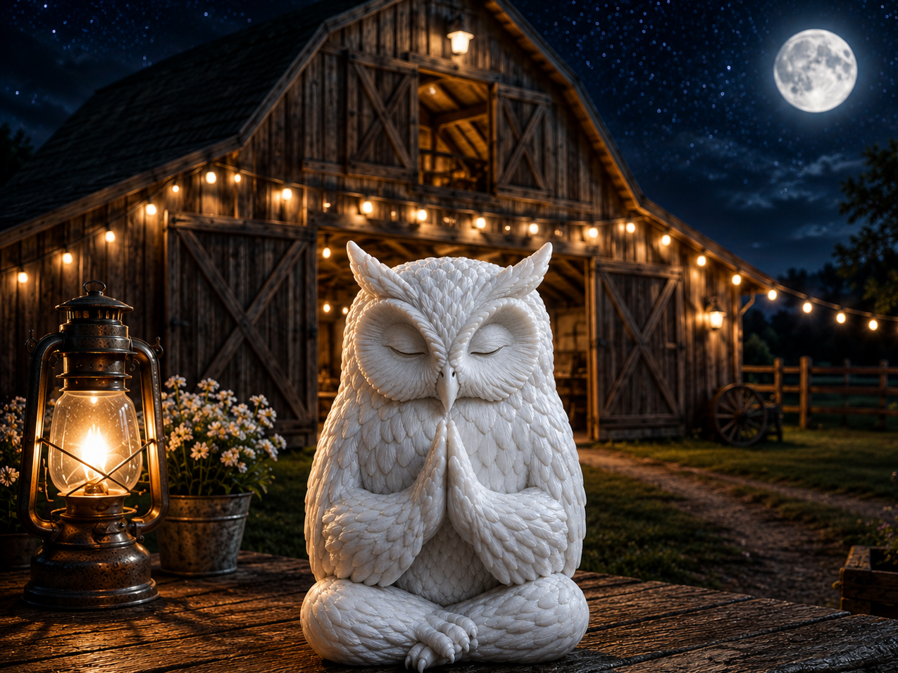 Pray Moonlit Zen Monk Owl