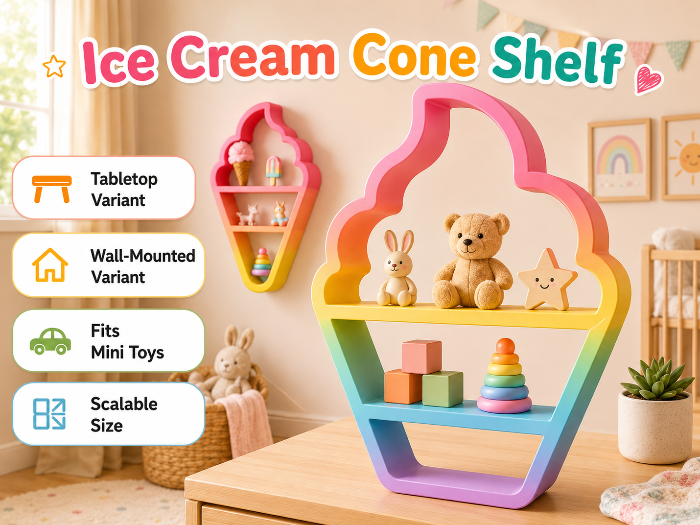 Ice Cream Cone Shelf Buddy – Wall & Tabletop