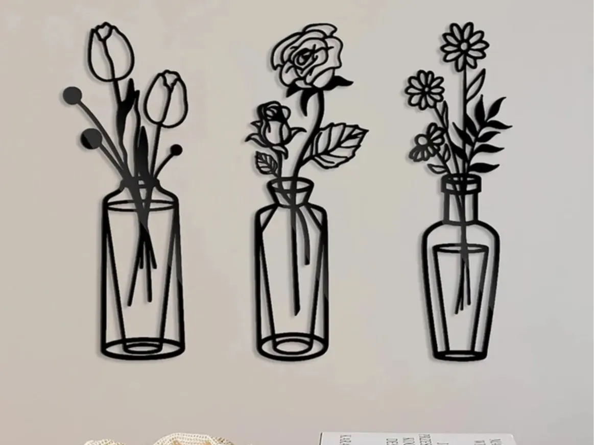 Décoration murale vase à fleurs 2D (lot de 3)