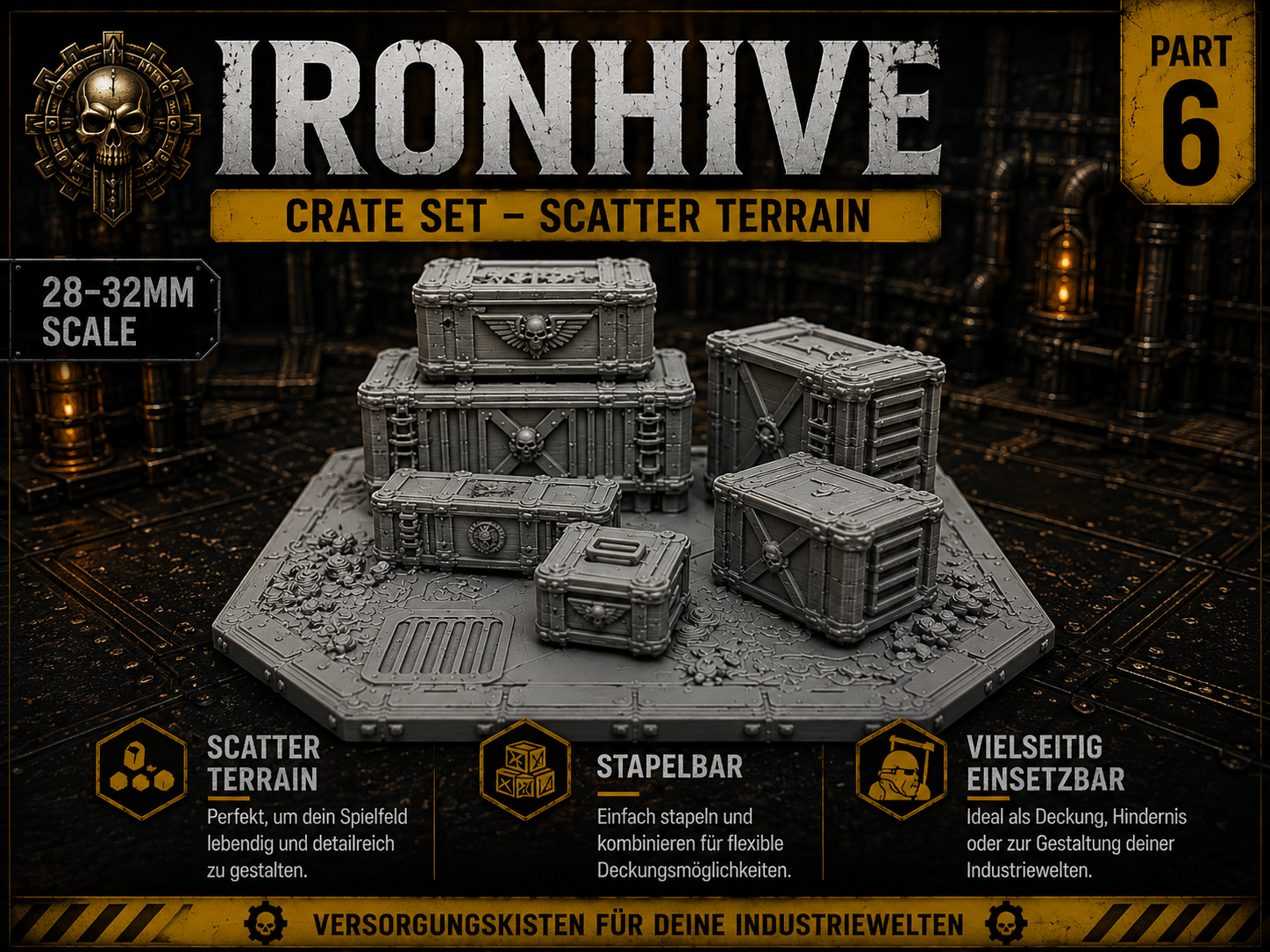6. IRONHIVE – Crate Set  Scatter Terrain (28–32mm)
