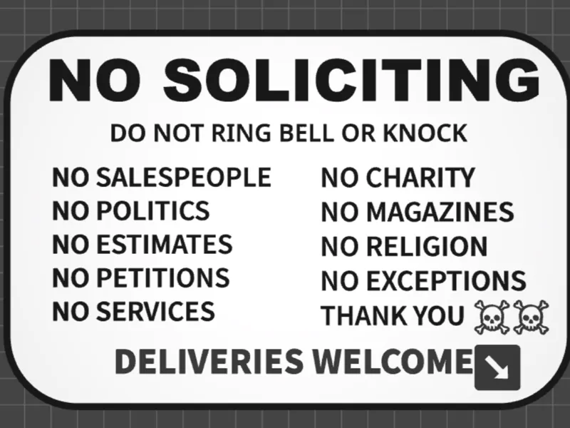 No soliciting deliveries welcome