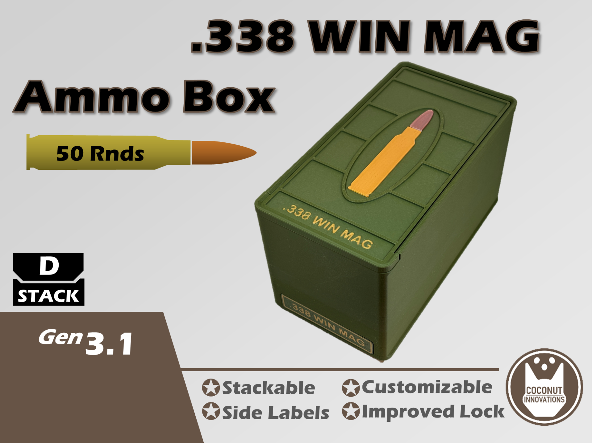Ammo Storage Box .338 Winchester Magnum 50 Rounds