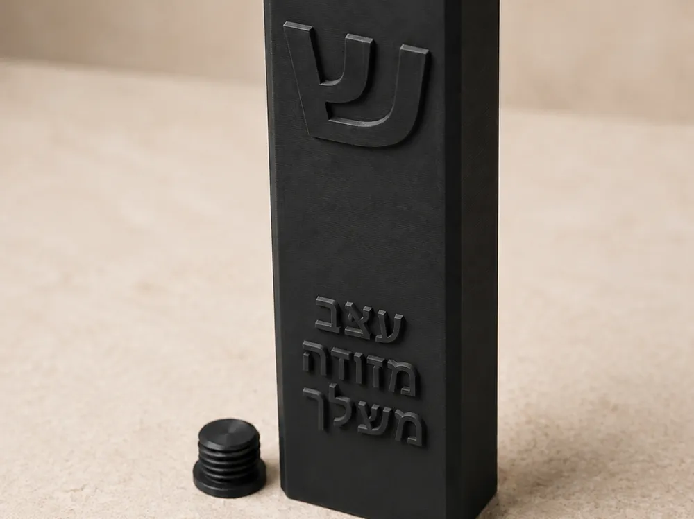 Letrero o emblema decorativo: Design Your Mezuzah – Parametric Mezuzah Generator. Referencia del modelo original.