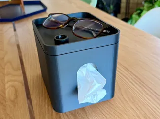 Sideways tissue box cover with tray