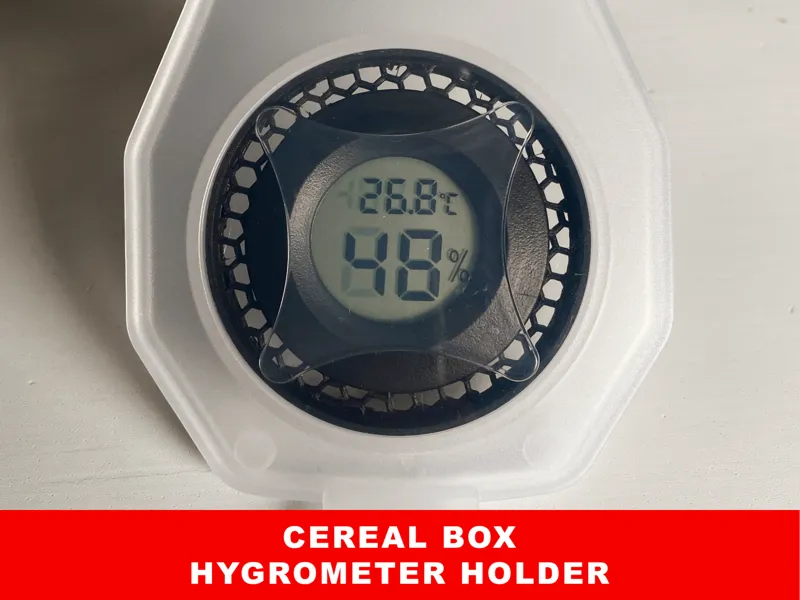 Hygrometer holder for cereal box  (3g and 8 min)