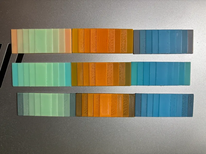 Test layer thicknesses and color shades