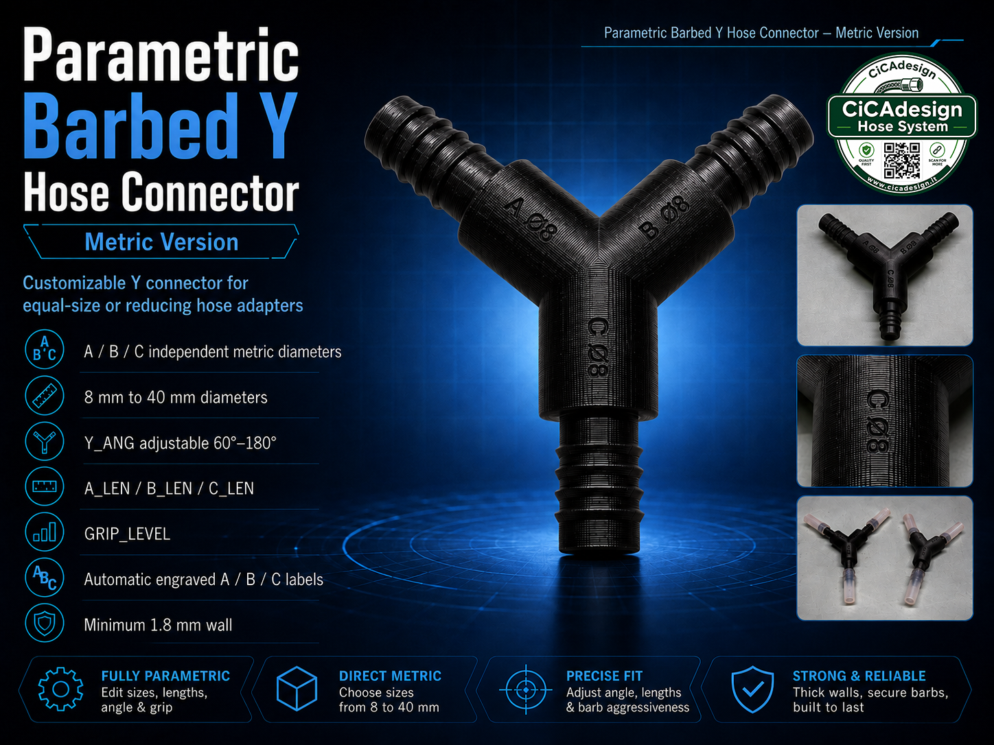 Parametric Labeled Barbed Y Hose Connector Metric