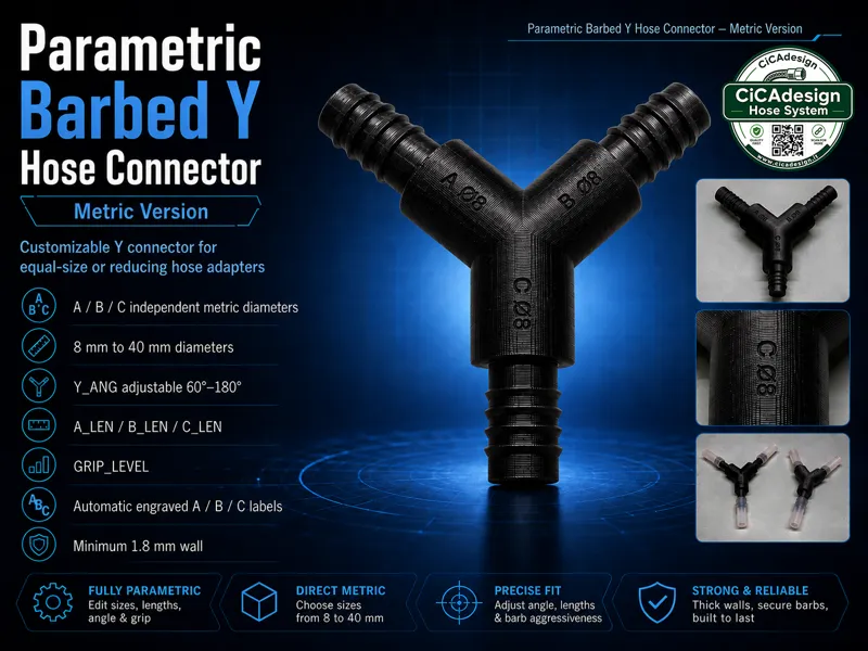 Parametric Labeled Barbed Y Hose Connector Metric