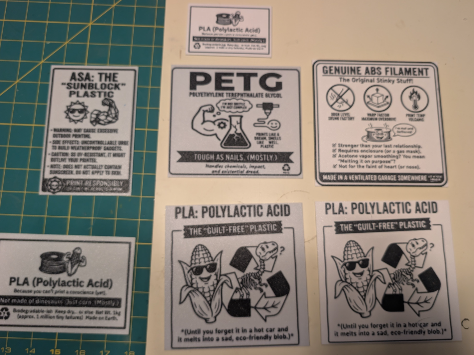 Funny Filament ID signs for PLA, PETG, ASA & ABS