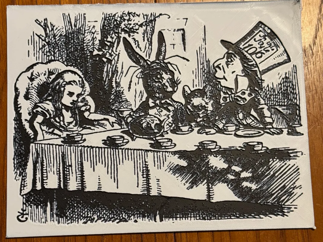 Alice at Mad Hatter's Tea Party (HueForge - BW) - Free 3D Print Model ...
