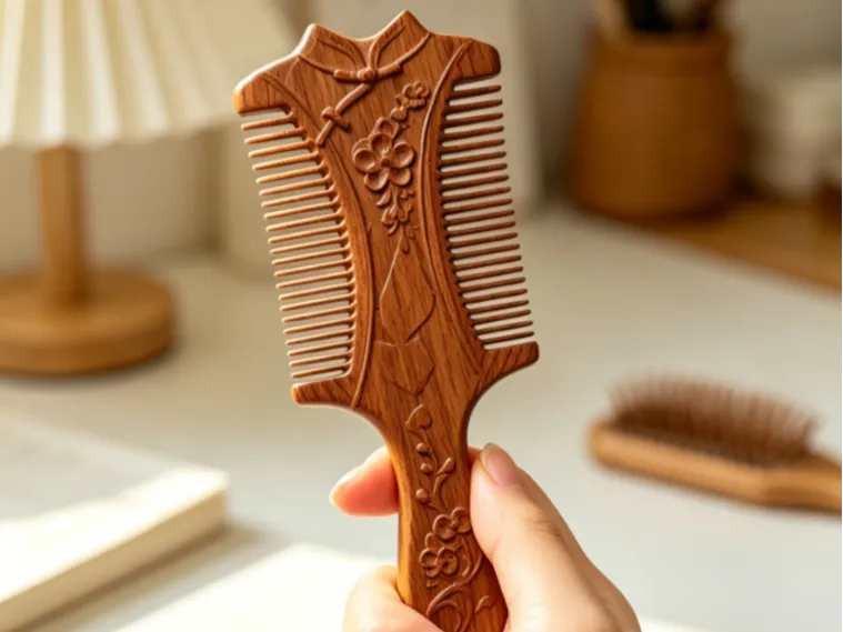 A comb with a texture imitating that of real wood