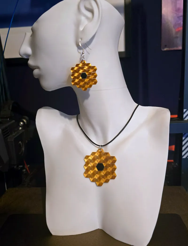 JWST Earrings and Pendant on fabric.