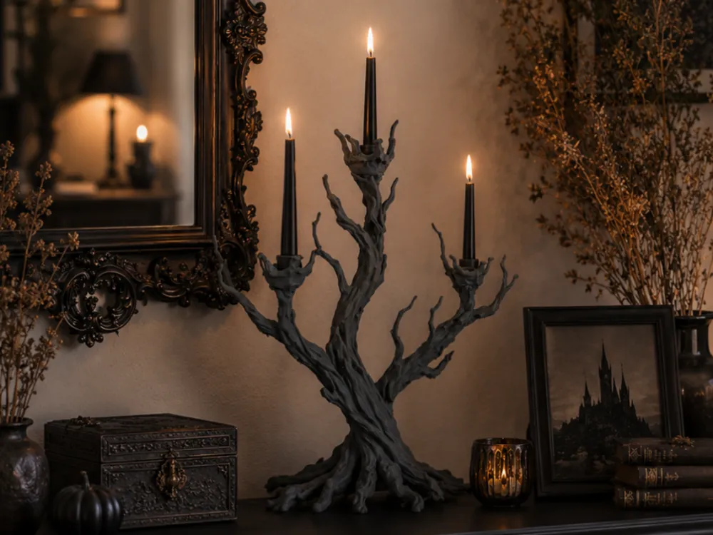 Accesorio de iluminación decorativa: Gothic Tree Candelabra –Dark Fantasy Candle Holder. Referencia del modelo original.