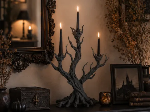 Accesorio de iluminación decorativa: Gothic Tree Candelabra –Dark Fantasy Candle Holder — referencia de MakerWorld