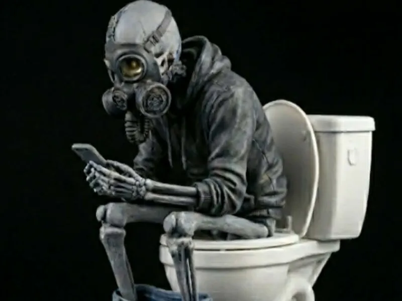 Skellet sitting long time on toilet