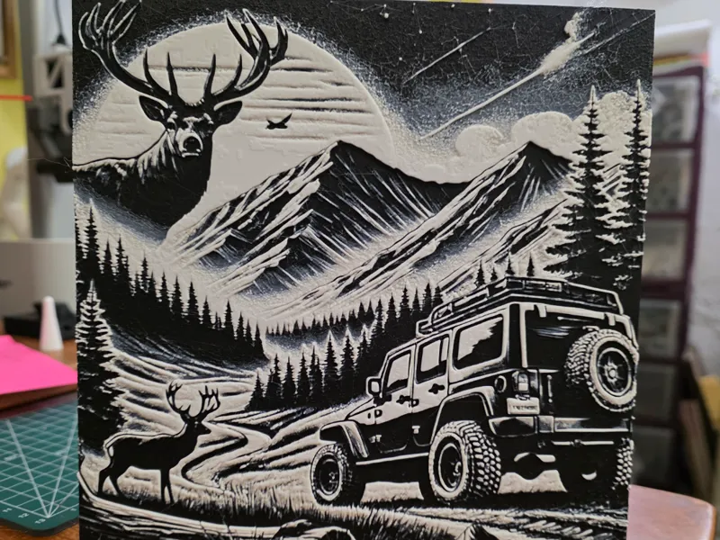 B&W Deer and Jeep HueForge