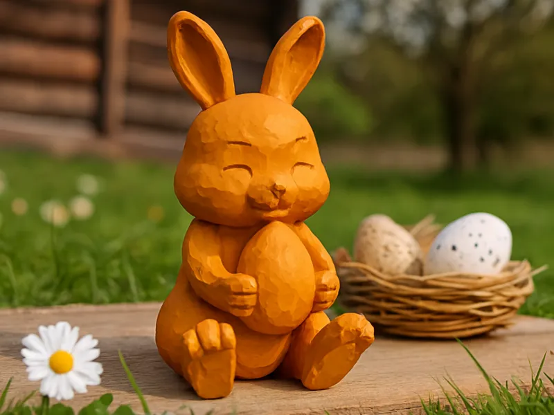 Osterhase mit Ei in geschnitzer Oberfläche