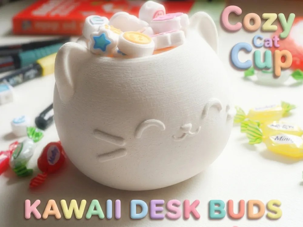 Accesorio para impresora 3D: Cozy Cat Cup [kawaii setup for desk & vanity]. Referencia del modelo original.
