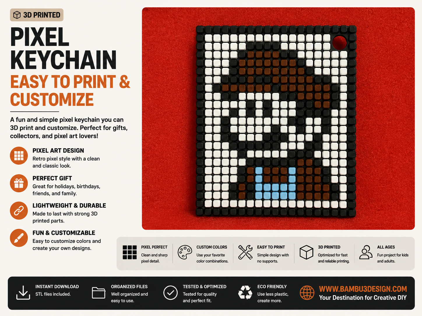 Pixel Keychain – Easy to Print & Customize