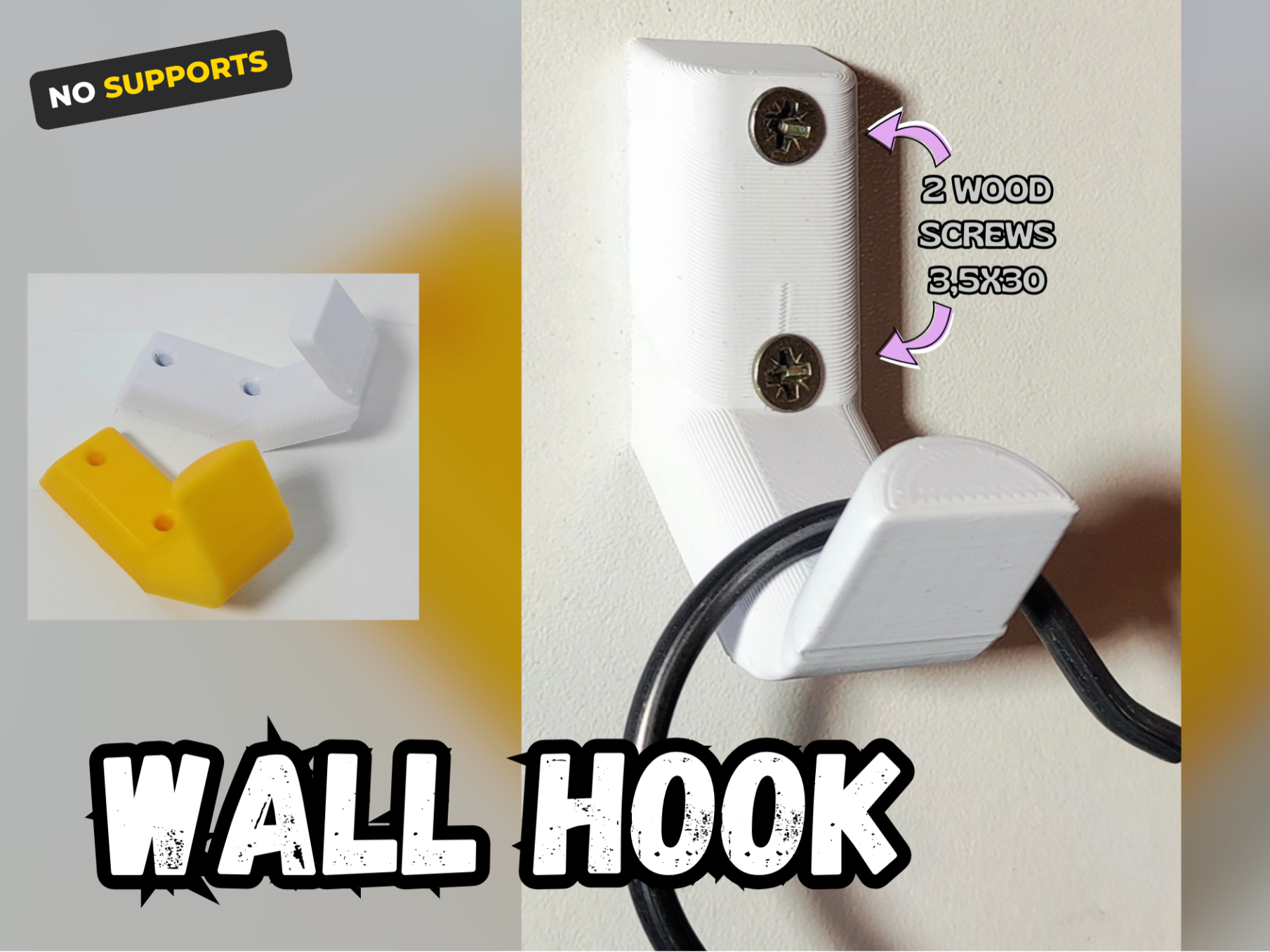 Heavy Duty Wall Hook 3.5mm Screw Mount No Supports