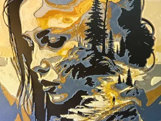 girls face with mountain side walk