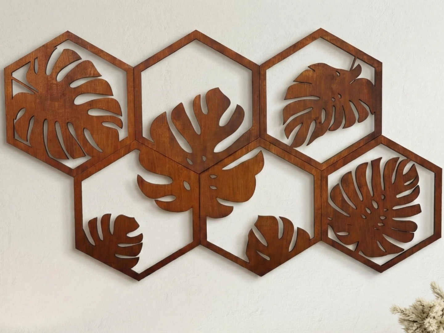 Hexagonal Monstera Leaf Wall Art Set
