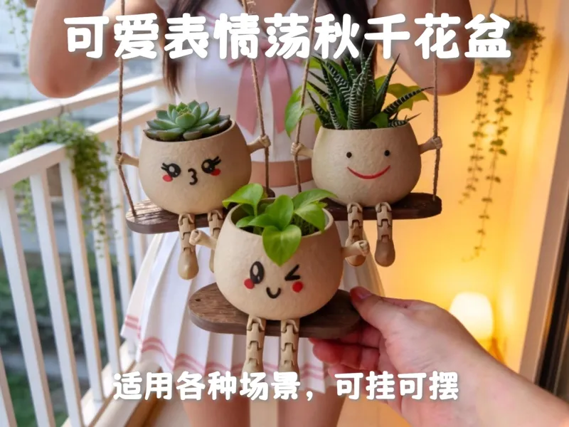 可爱表情风荡秋千花盆（可挂可摆）