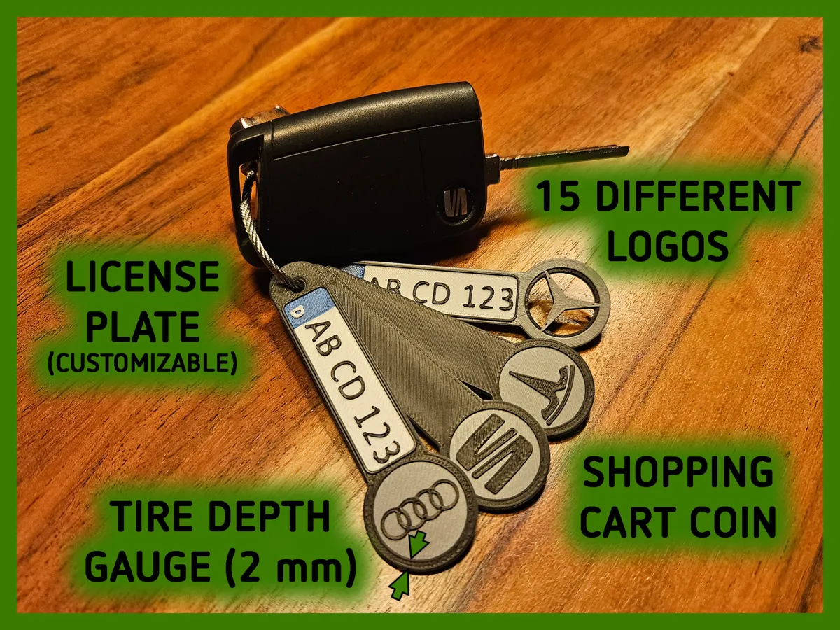 Keychain with car logo, shopping cart coin, gauge by clavo MakerWorld: Download Free 3D Models - 3D model önizlemesi