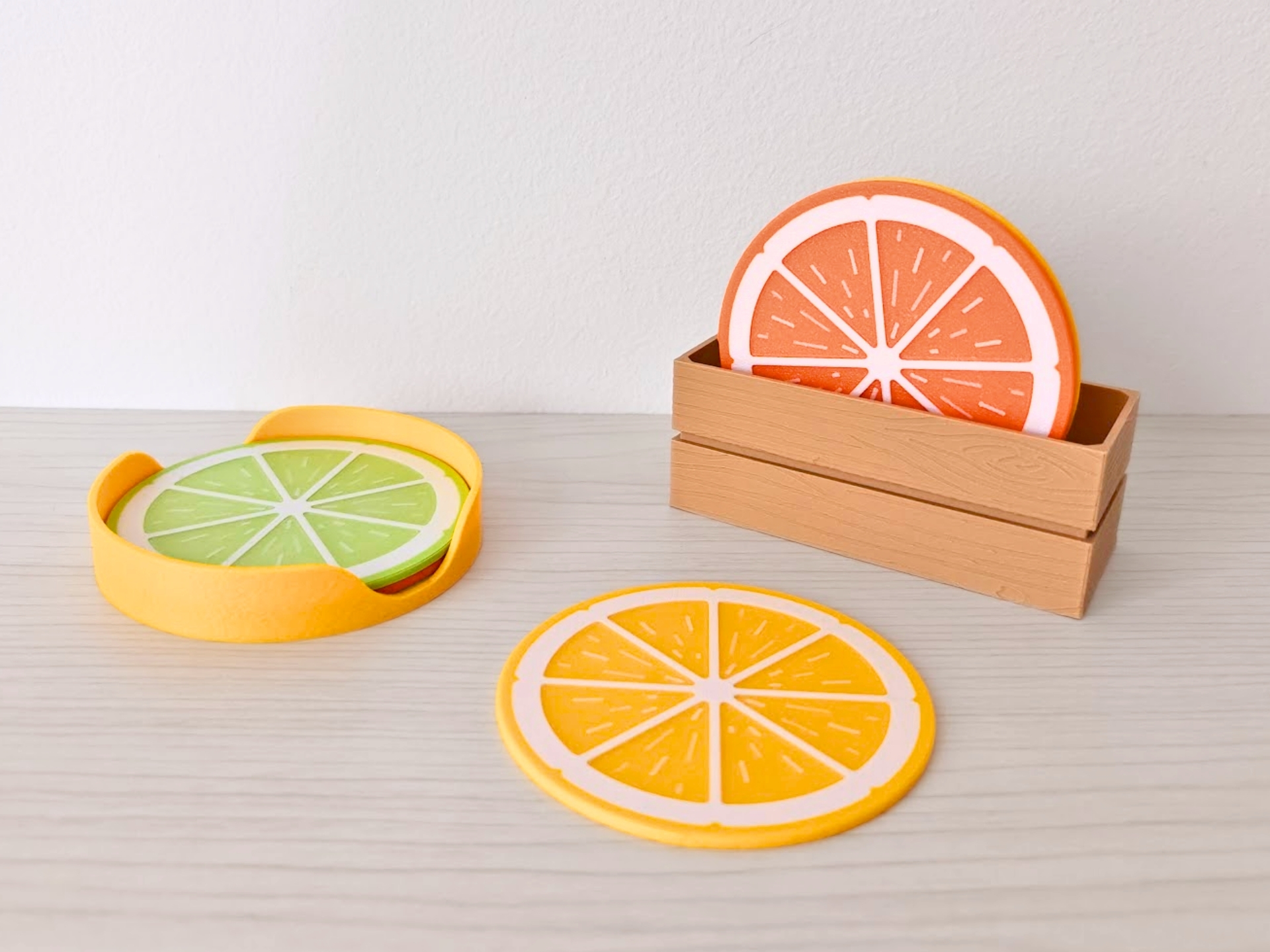 Citrus coasters with crate holder or tray