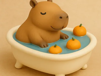 Cute Capybara in bath with floating oranges