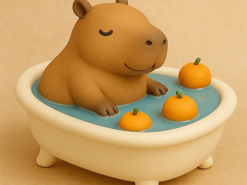 Cute Capybara in bath with floating oranges