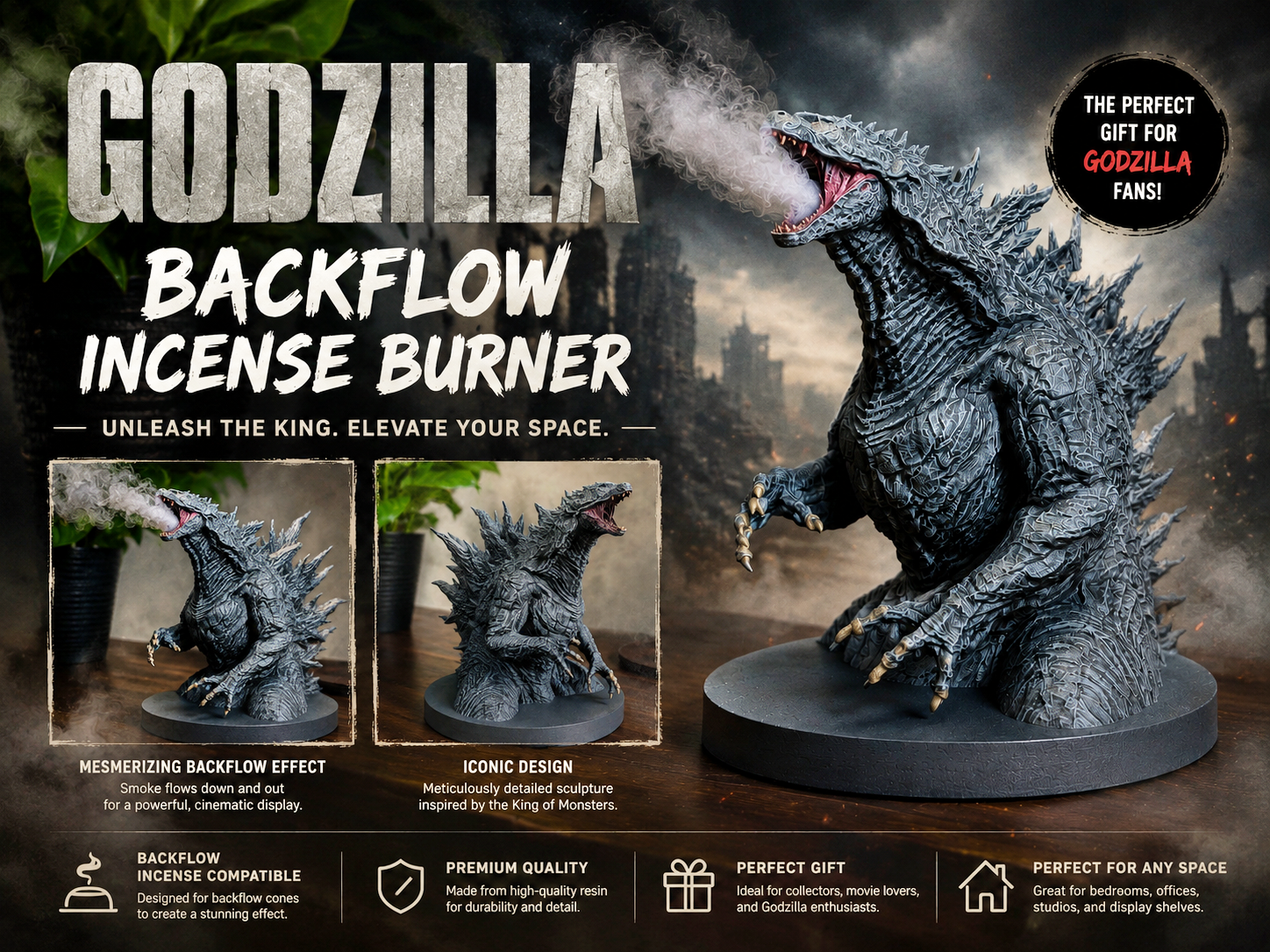 Godzilla Backflow Incense Burner Smoke Effect