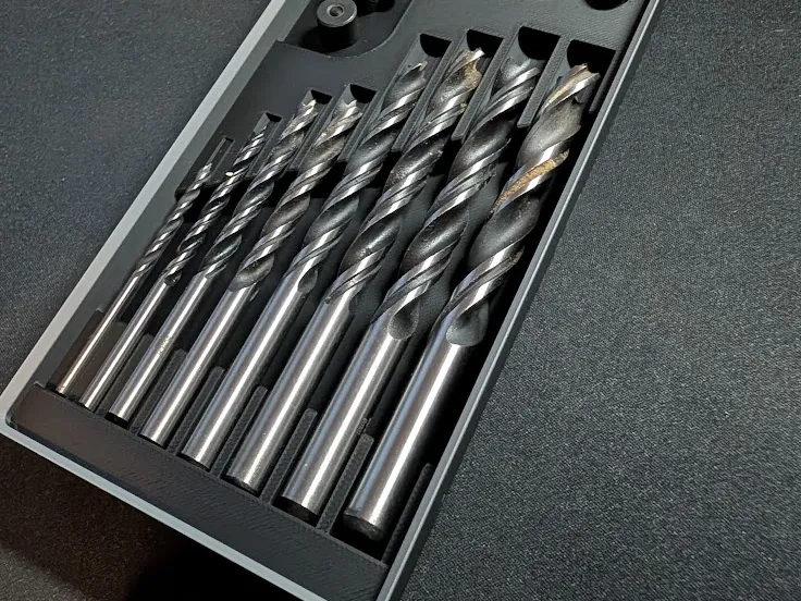 Gridfinity brad-point bit holder with dowell pins