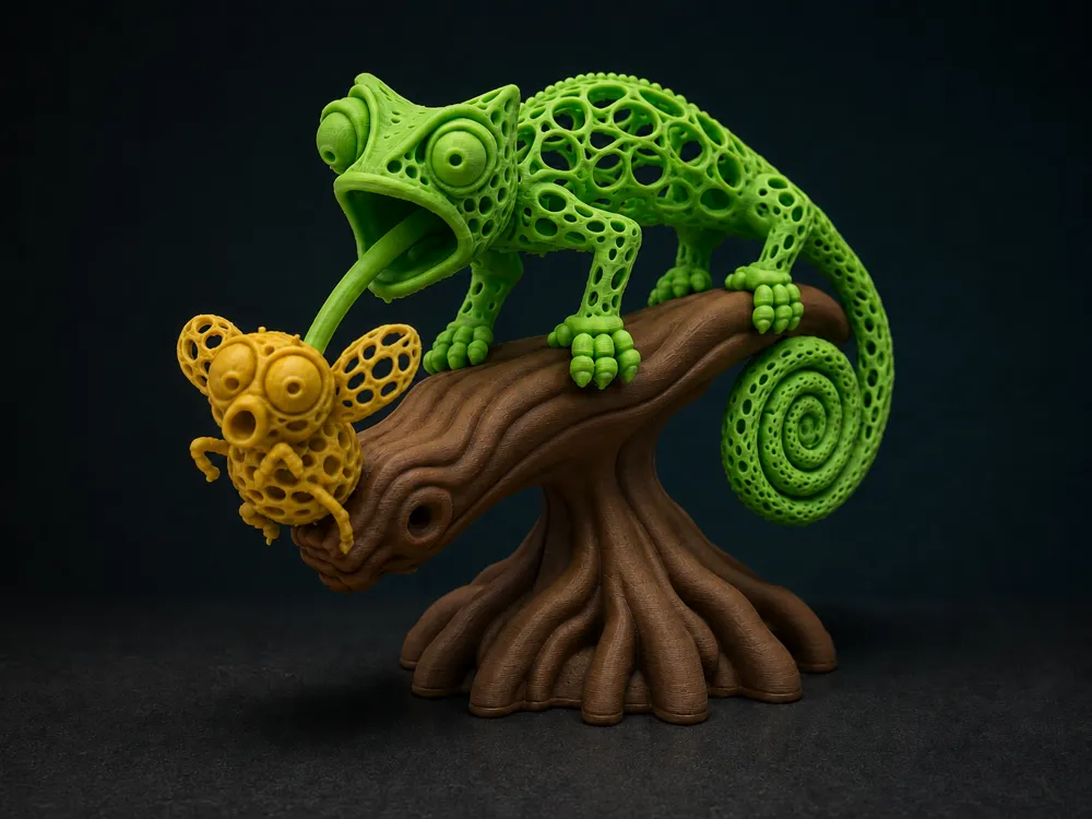 Figura decorativa: Caught! Lattice Voronoi Chameleon vs. Fly. Referencia del modelo original.