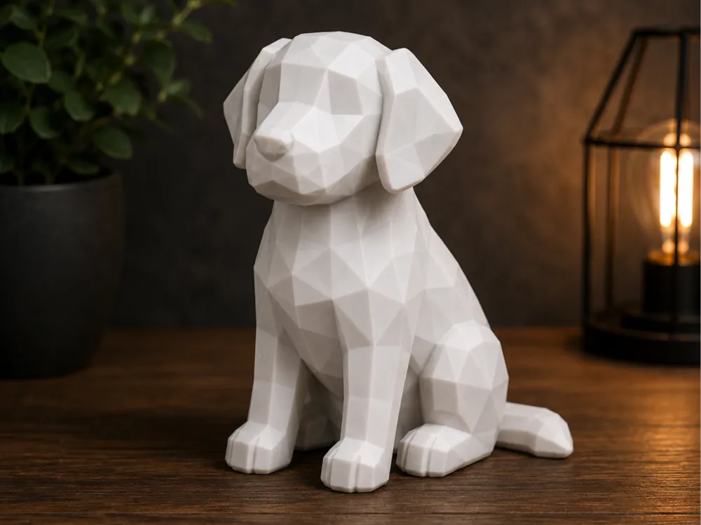Letrero o emblema decorativo: Low Poly Puppy – Cute Dog Decoration. Referencia del modelo original.