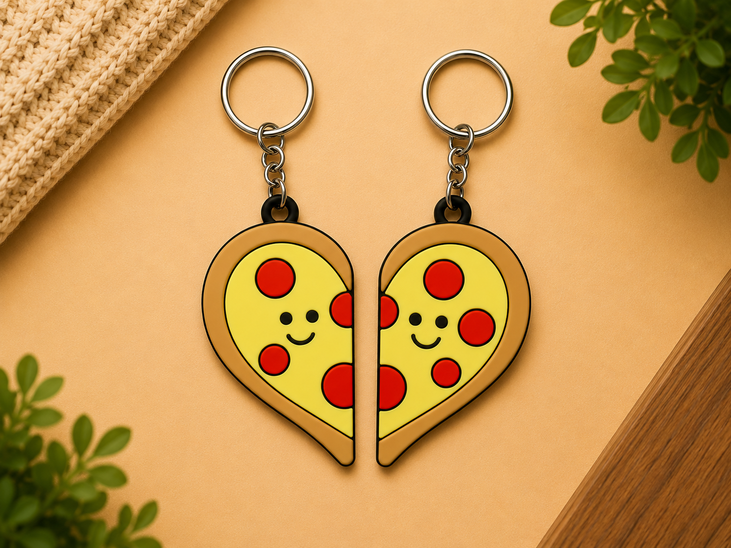 Matching Heart Pizza Keychains | Couple Set