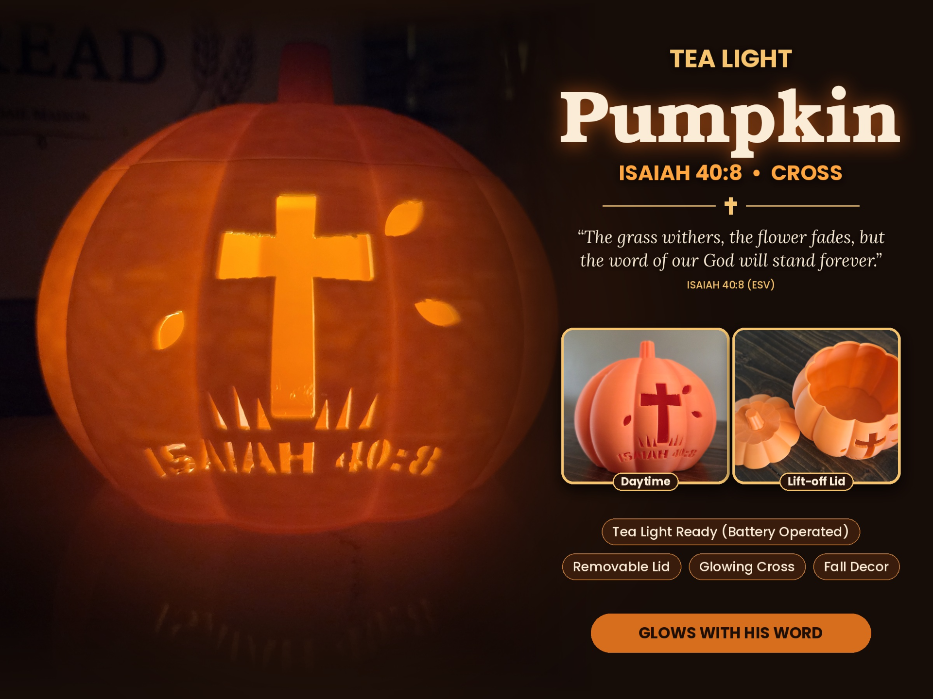 Fall Tea Light - Isaiah Series - Cross - Pumpkin 3D model