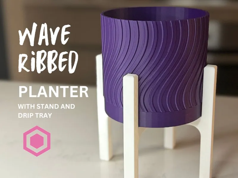 Wave Ribbed Planter with Stand and Drip Tray