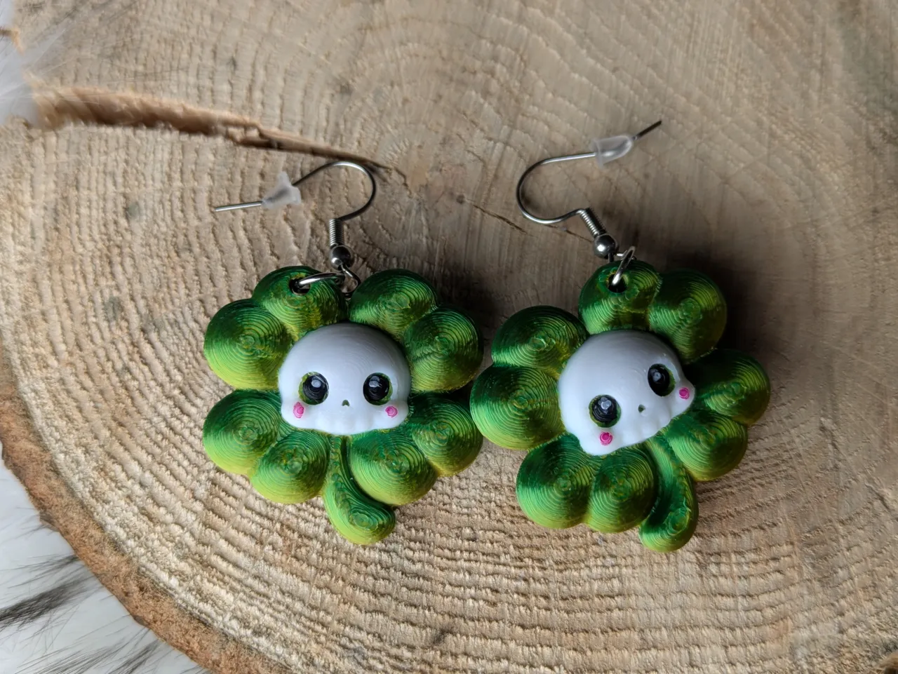 Chibi skull clover earrings, necklace, keychain view 2