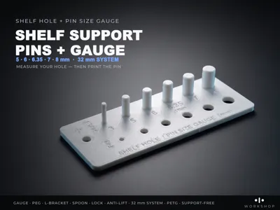 Shelf Support Pins + Hole Size Gauge (3-8mm)