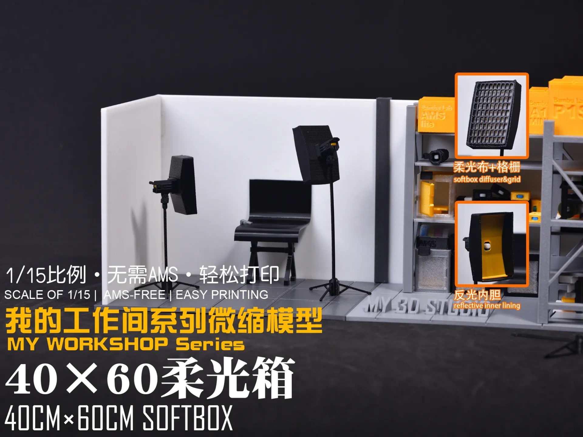 【1/15】我的工作间微缩模型系列：40*60cm柔光箱（包含反光内胆、柔光布和格栅）