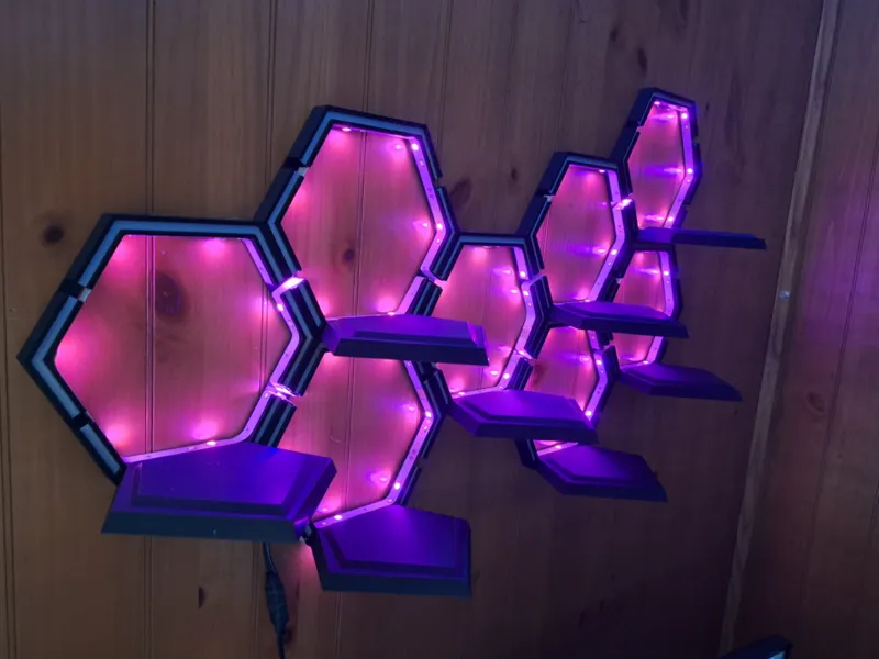 Hex shelves with RGB light routing