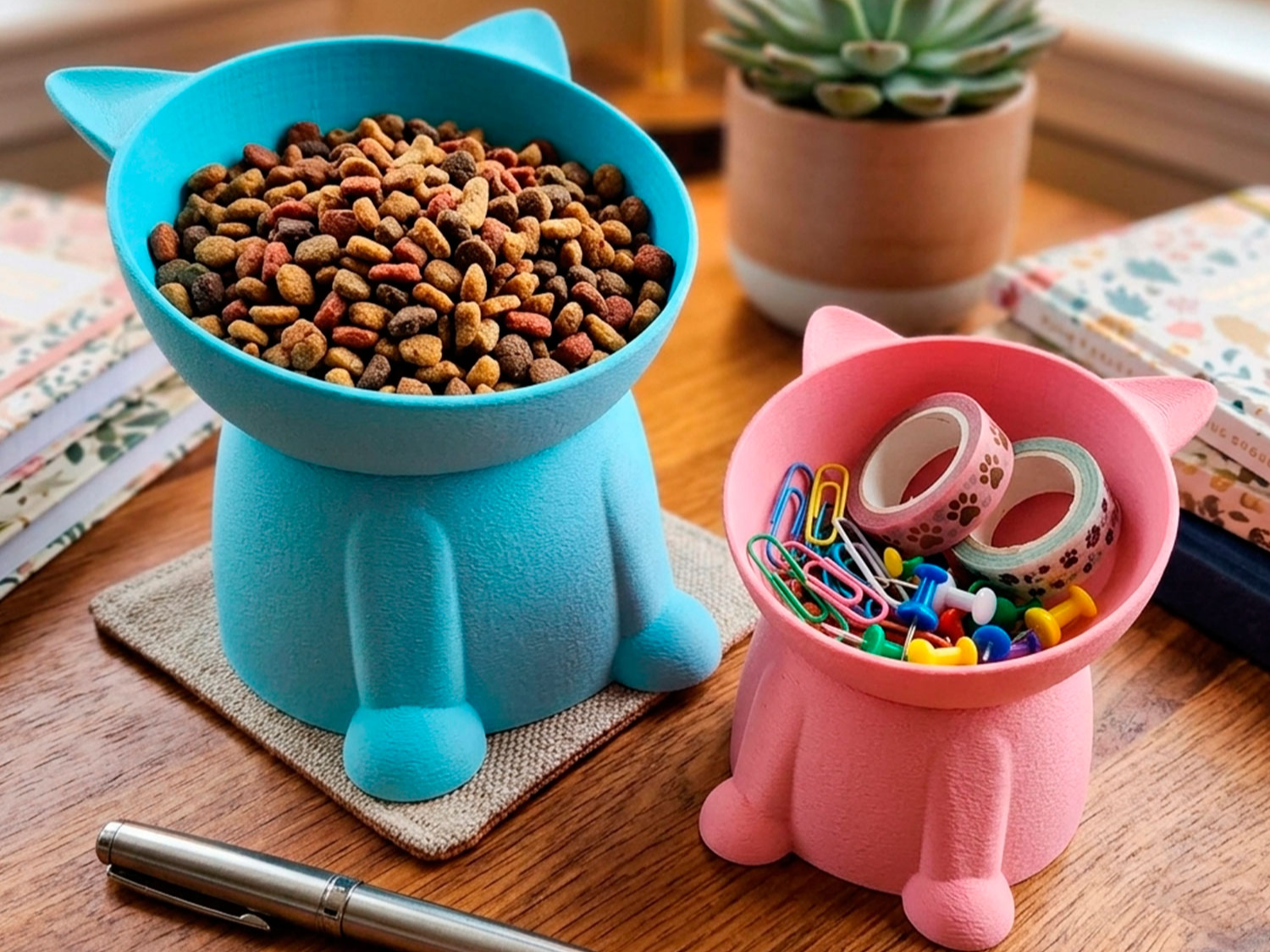 Cat Bowl & Desk Organizer: Kawaii Duo 4 Home & Pet