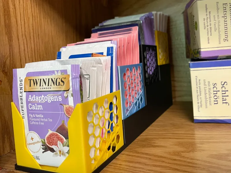 Tea bag organizer with stadium seating