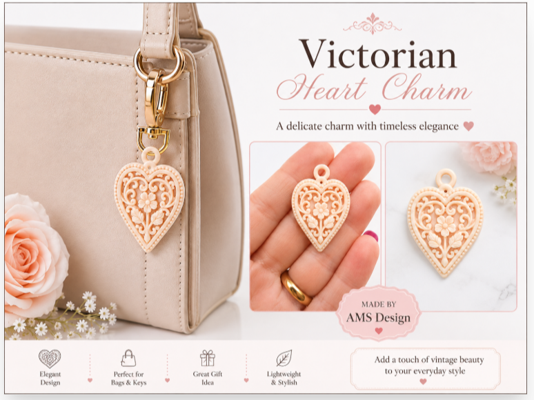 Victorian Heart Bag Charm - 3D printed Other Fashion Models, in stock in India