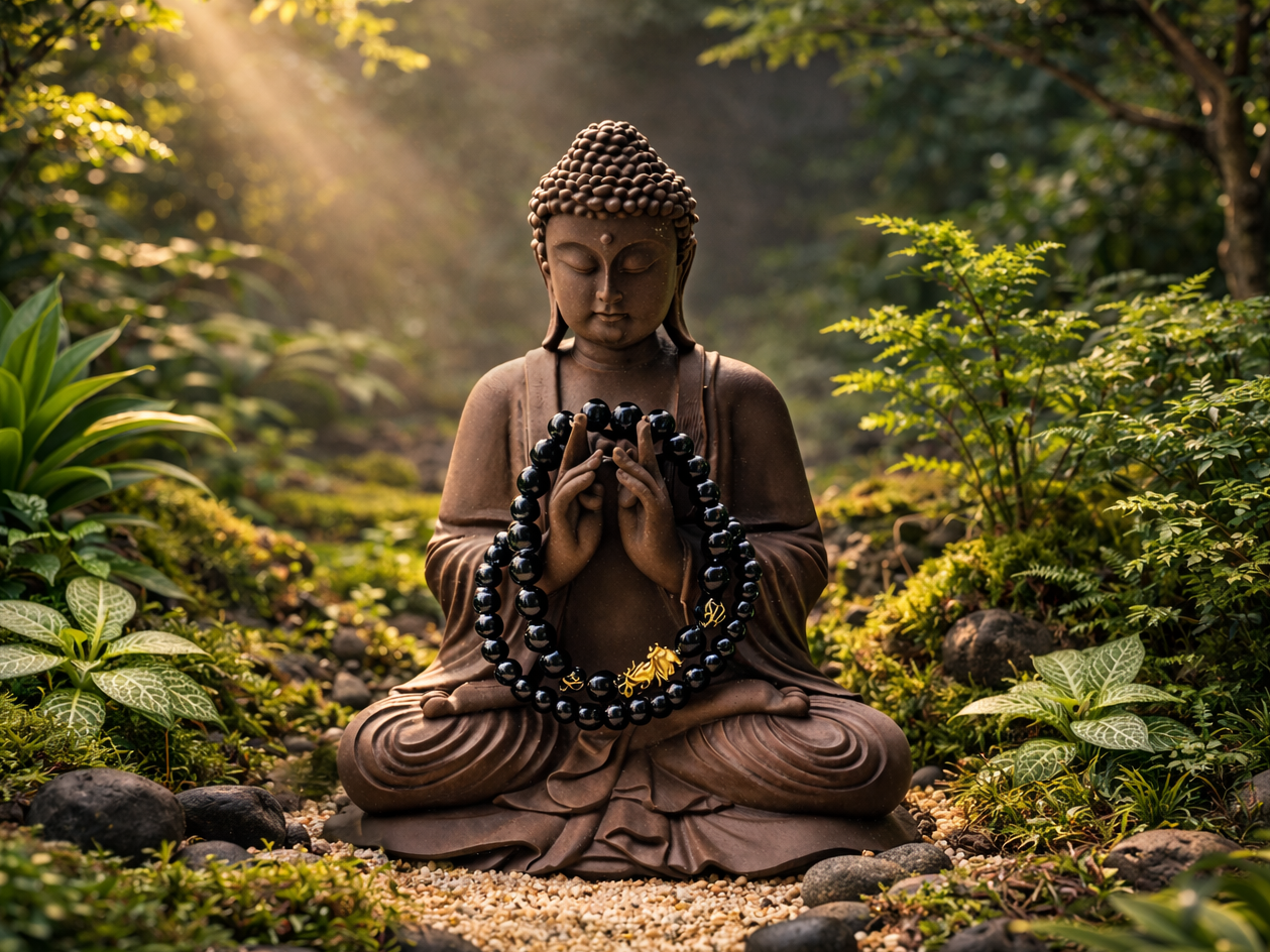Zen Garden Buddha holding Prayer Beads
