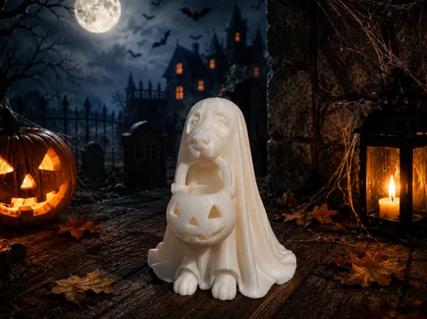 Adorno temático: Ghost dog with a Halloween bowl — referencia de MakerWorld