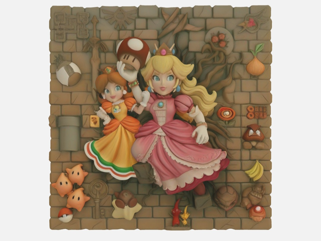 Peach and Daisy relief and stand