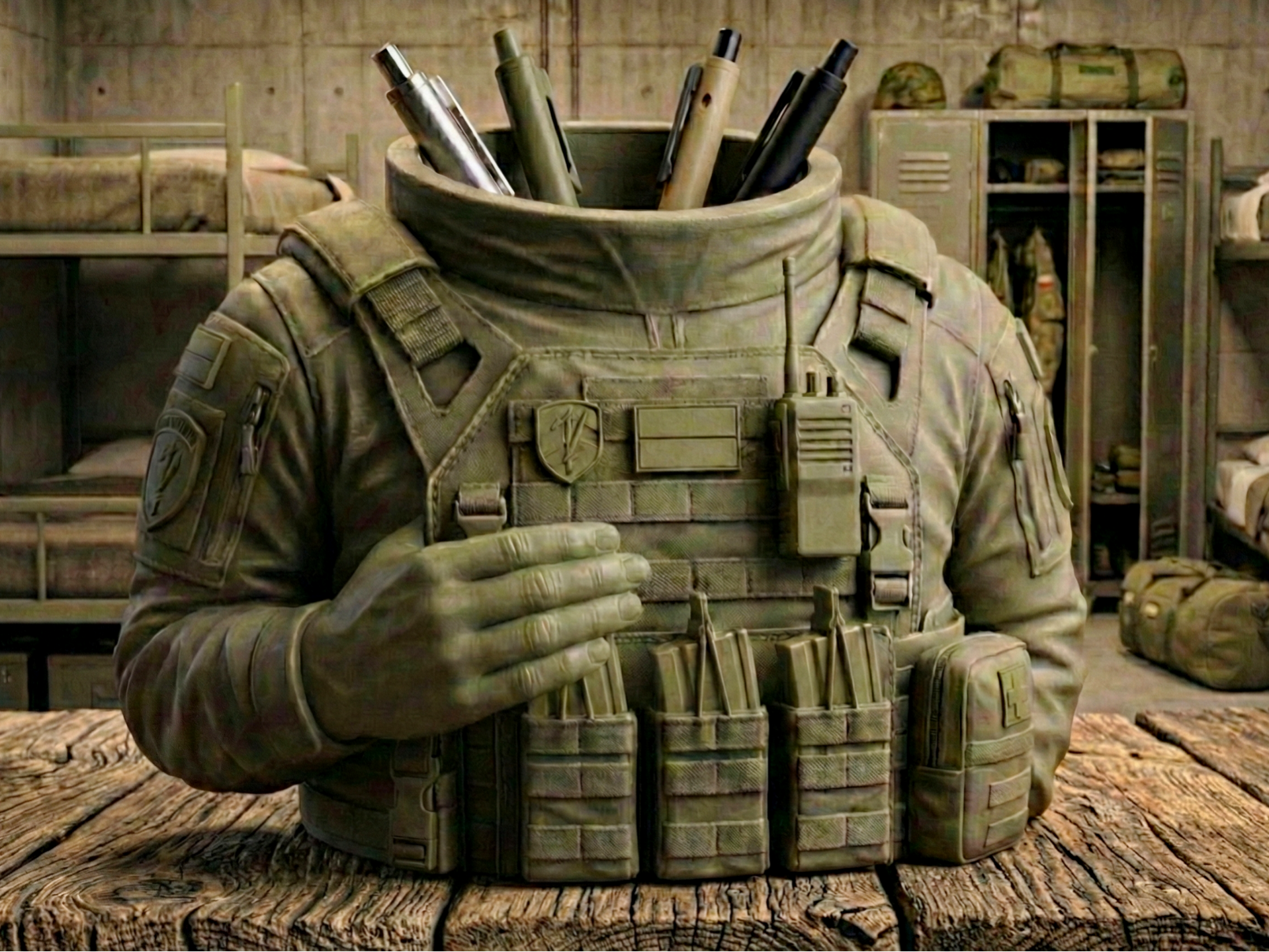 Pen holder - Soldier in military base wearing vest